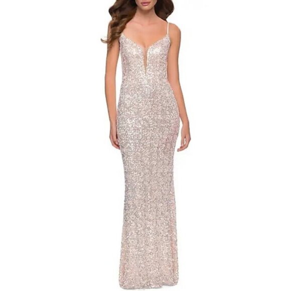 La Femme Champagne Nude Silver Deep V-Neck Sequin Gown - Picture 1 of 4
